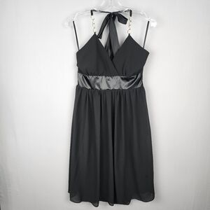 Citi Clothing Black Halter Dress Cocktail Formal Chiffon Mini Gold Accent  Sz 8